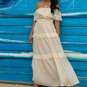 Vintage 70s Algo-Ettes Off Shoulder Lace Trim Maxi Dress Beach Wedding Dress